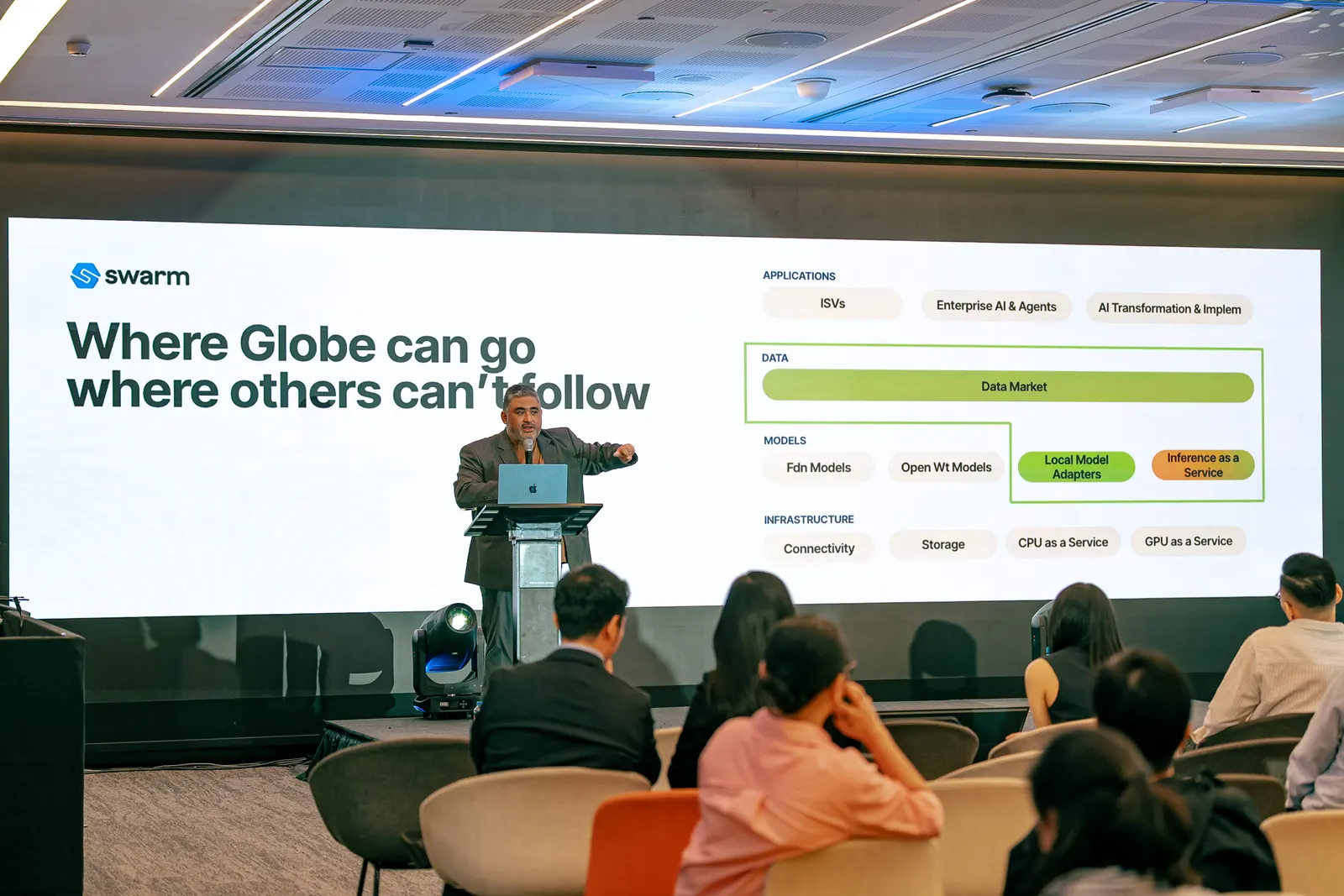 Dexter Ligot-Gordon presenting Swarm's architecture at the Globe Insights Summit